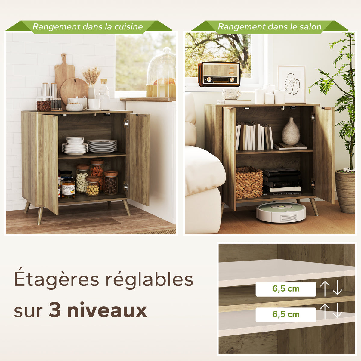Buffet salon meuble de rangement avec placard à 2 portes et étagère réglable, 77 x 40 x 81 cm, aspect bois-3