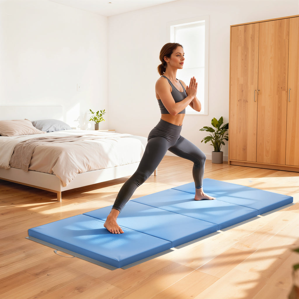 Tapis de gymnastique yoga pilates fitness pliable en 4 avec poignées revêtement synthétique 180 x 80 x 5 cm bleu clair-1