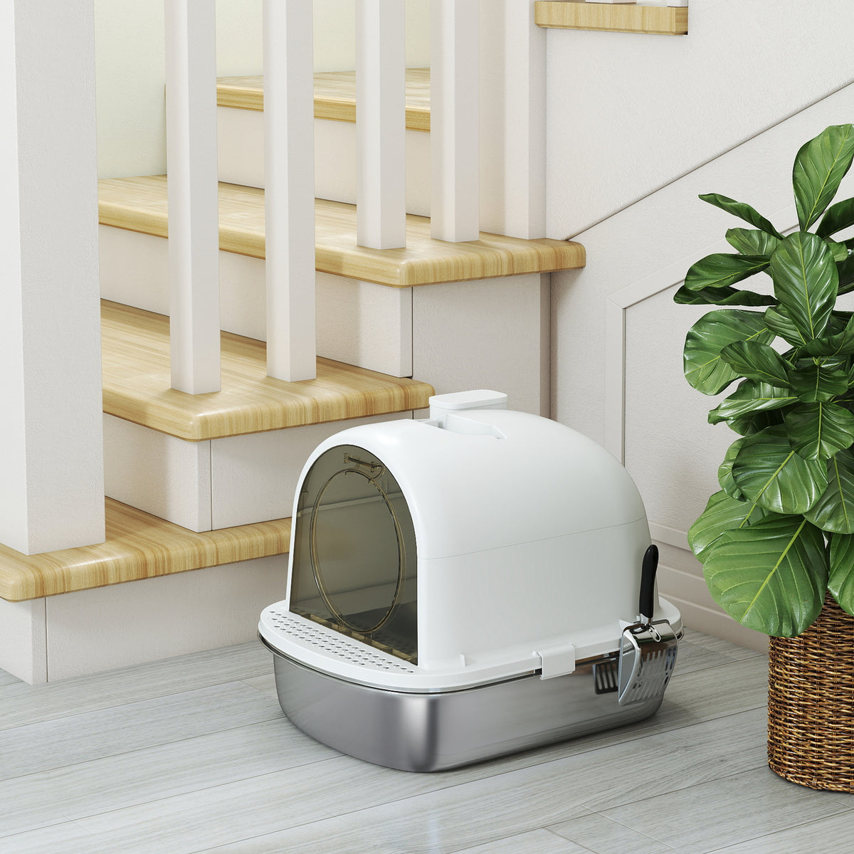 Maison de toilette pour chat bac à litière fermé bac acier inoxydable, nettoyage facile, 52,4 x 41,3 x 39,9 cm, blanc-7