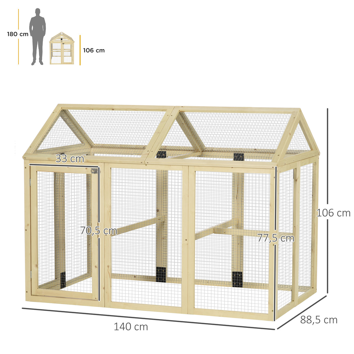 Enclos poulailler en bois cage à poules parc grillagé 140 x 88,5 x 106 cm naturel-2