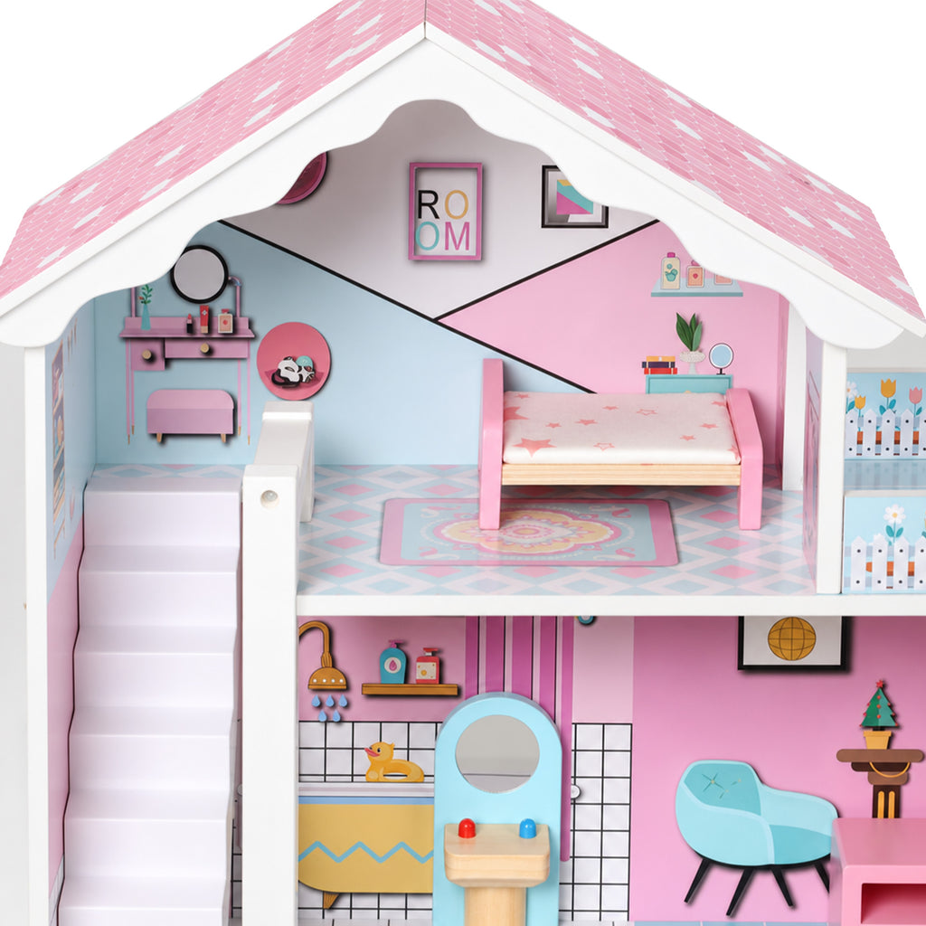 Maison de Poupée en Bois pour Enfants, Maison de Rêve Filles à 3 Étages avec Balcon, Escaliers et 10 Accessoires, Rose-9