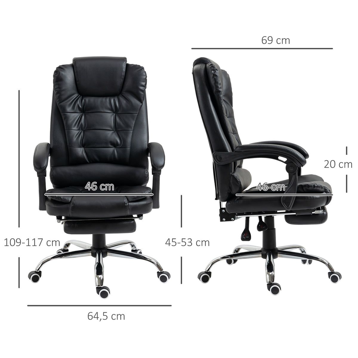 Fauteuil de bureau fauteuil manager grand confort dossier inclinable roulettes P.U 64,5 x 69 x 117 cm noir-2