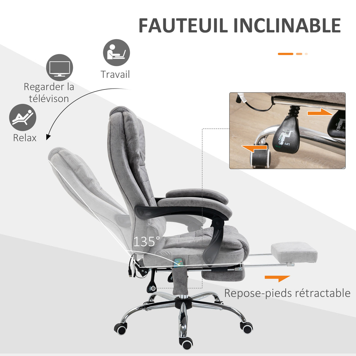 Fauteuil de bureau direction massant chauffant hauteur réglable dossier inclinable toile de microfibre gris-4
