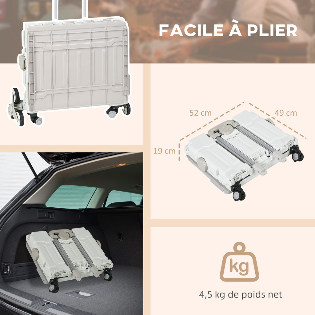 Chariot de courses pliable caddie de courses avec poignée télescopique réglable et couvercle charge max. 80 kg, blanc-3