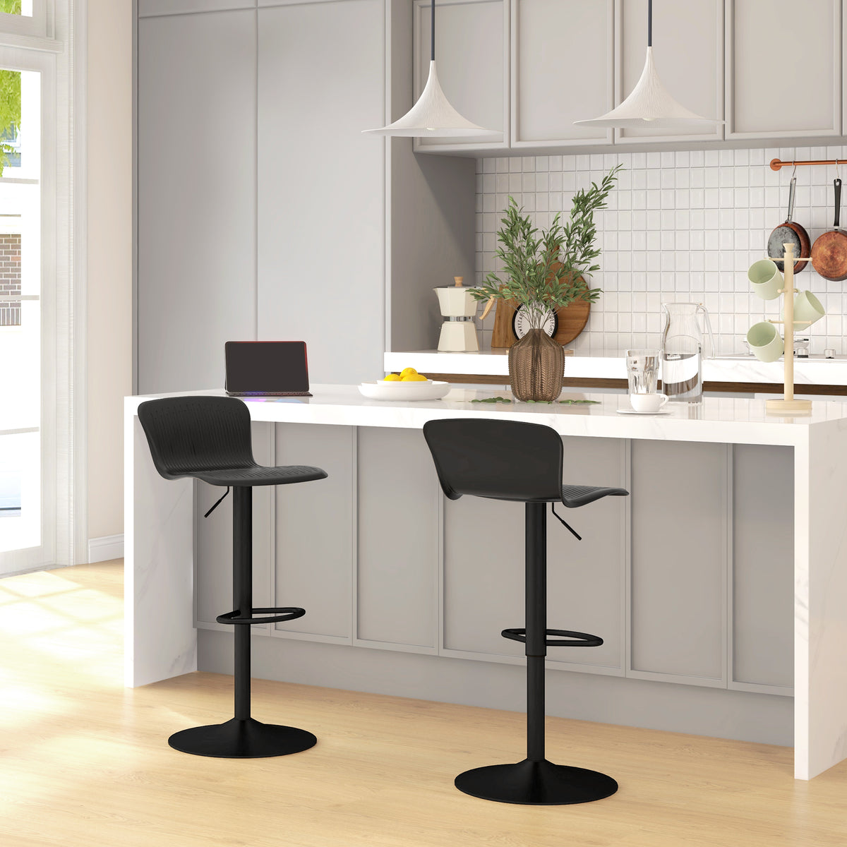 Lot de 2 tabourets de bar, chaises de bar réglable en hauteur, dossier et repose-pieds, 38,5x40x76,5-97,5cm, noir-1