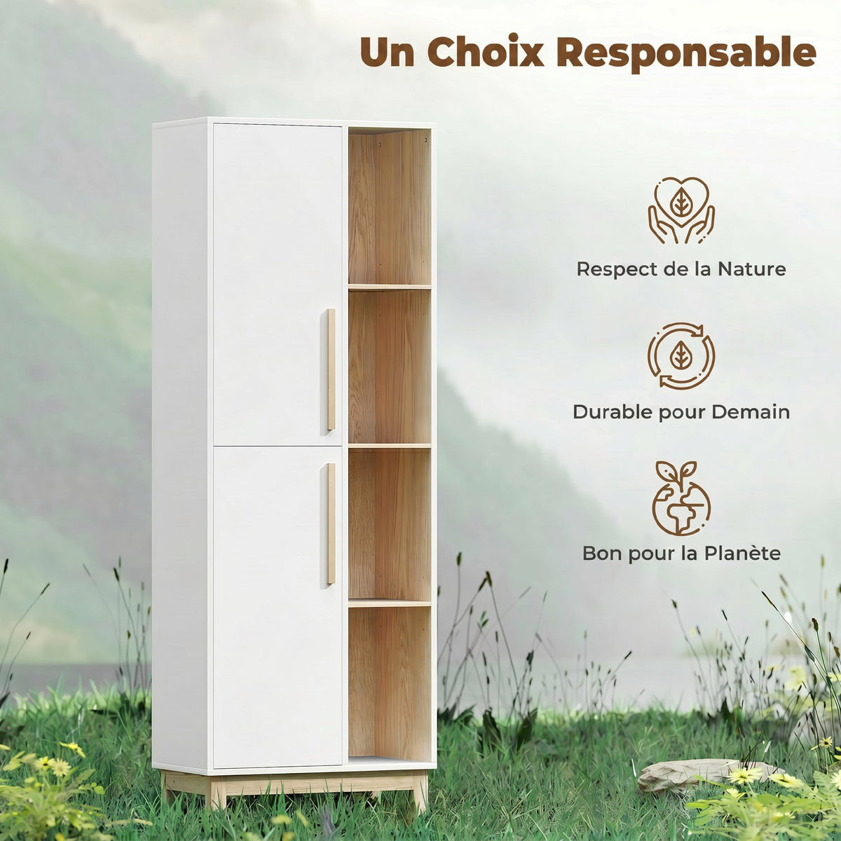 Meuble de Salle de Bain, Meuble de Rangement, 2 Portes, 4 Compartiments Ouverts et Étagères Réglables, Blanc et Naturel-5