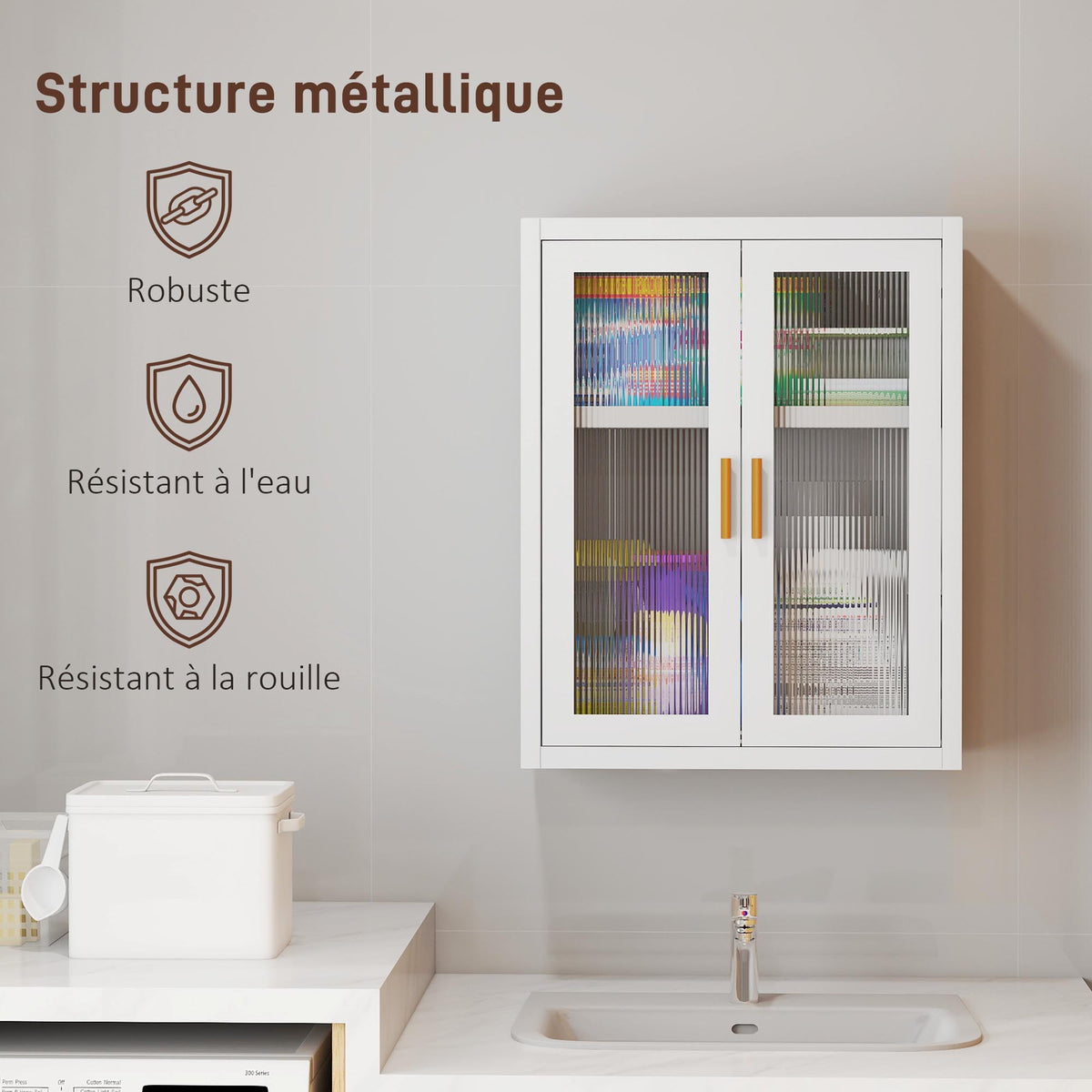 Armoire murale de salle de bain, meuble haut salle de bains avec 2 portes cannelées, étagère réglable, 40x14x50cm, blanc-6