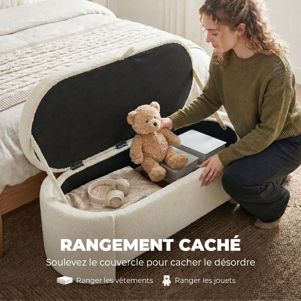 Banc de rangement, bout de lit ovale en polaire Teddy avec assise large, 129 x 48,5 x 44 cm, crème-4