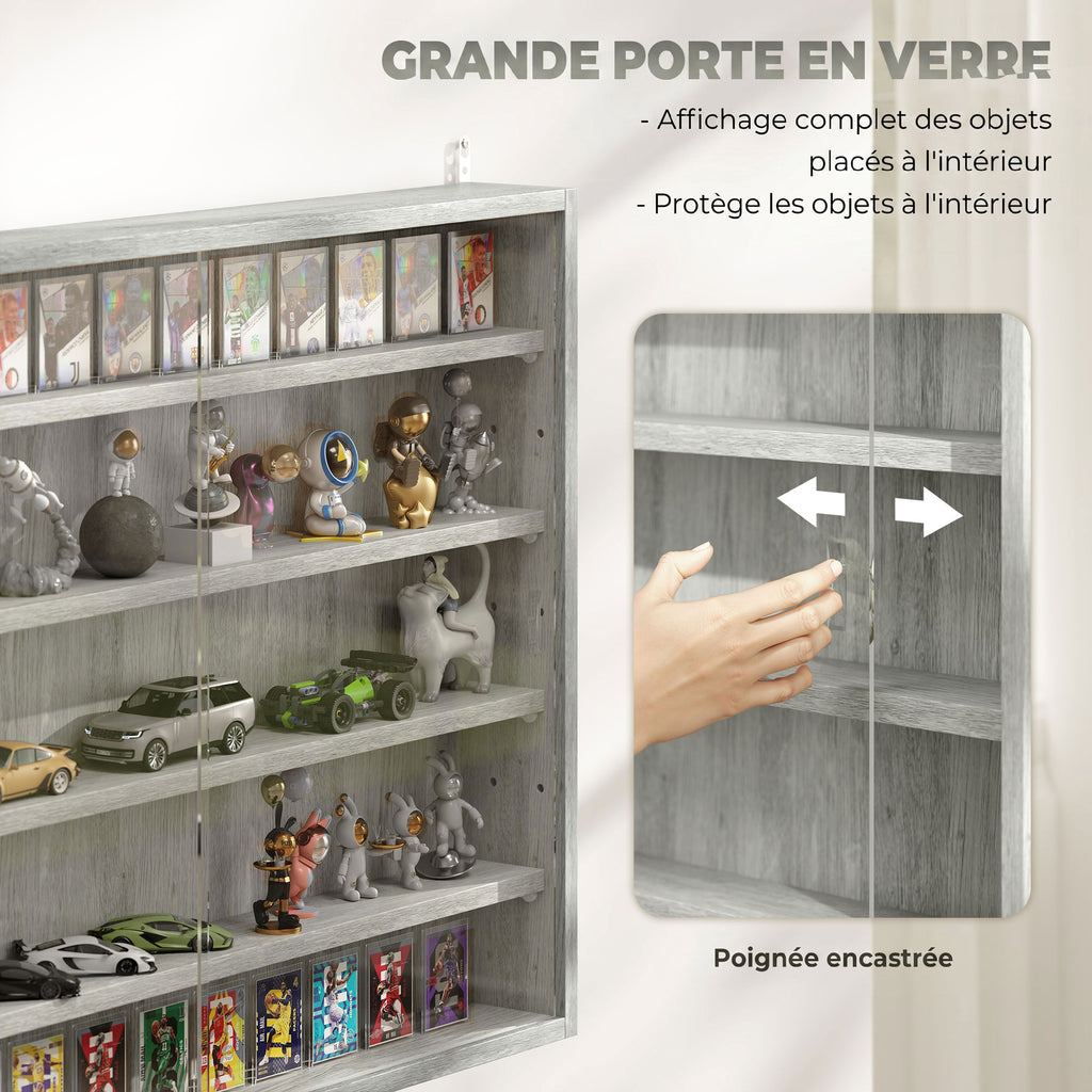 Vitrine murale pour objets de collection 4 étagère réglables en hauteur et 2 portes coulissantes 80 x 9,5 x 60 cm gris-4