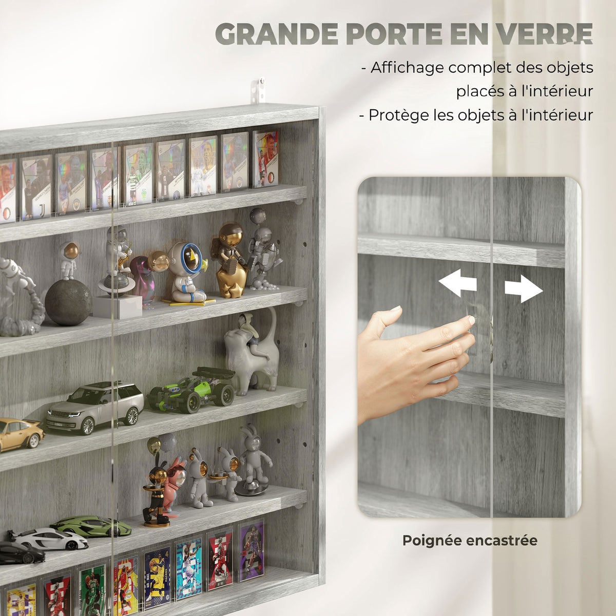 Vitrine murale pour objets de collection 4 étagère réglables en hauteur et 2 portes coulissantes 80 x 9,5 x 60 cm gris-4
