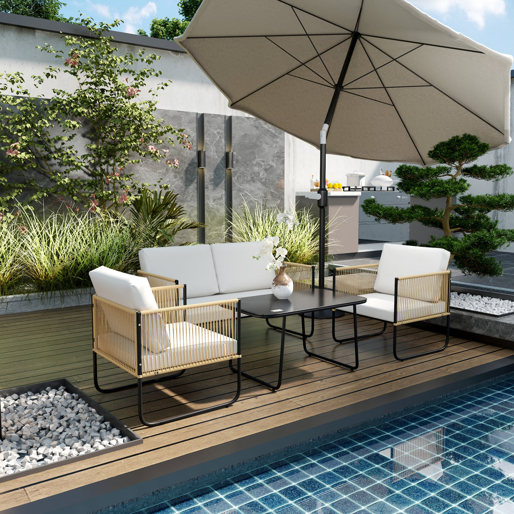 Salon de jardin 4 pièces avec canapé 2 places, 2 fauteuils, 1 table basse en verre et coussins – crème blanc-1