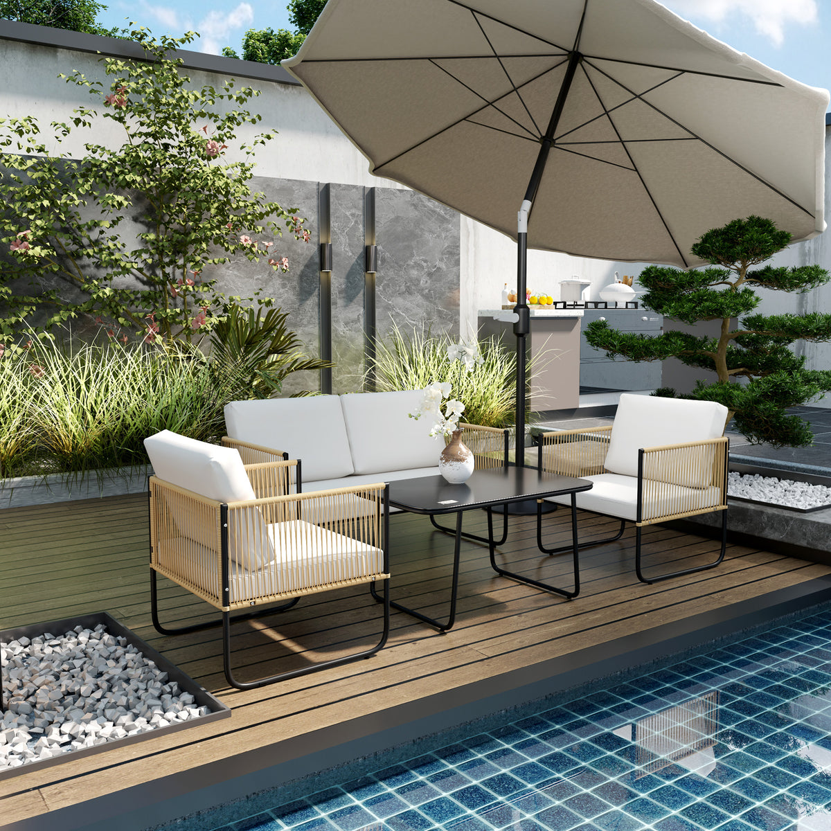Salon de jardin 4 pièces avec canapé 2 places, 2 fauteuils, 1 table basse en verre et coussins – crème blanc-1