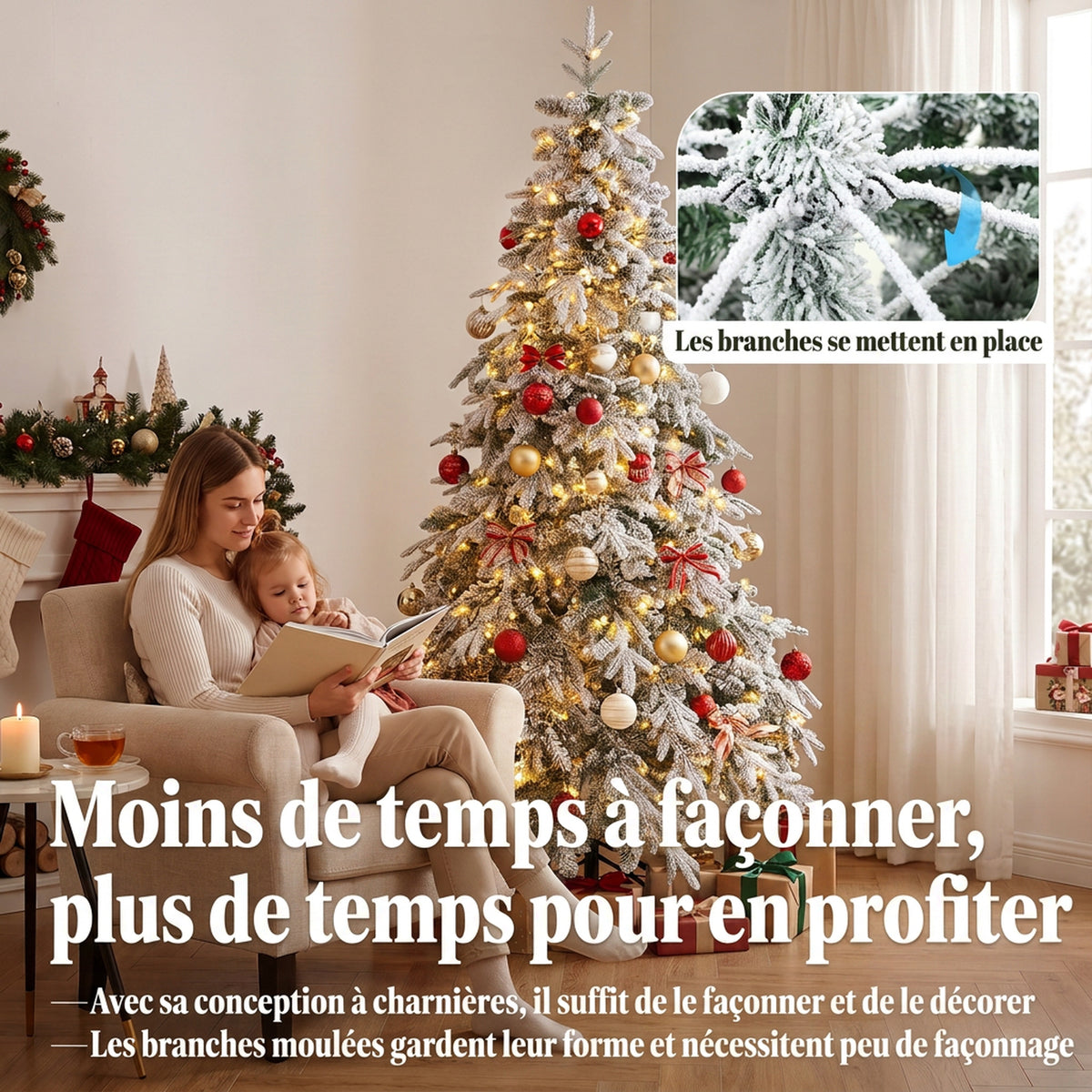 Sapin de Noël Artificiel 180 cm Arbre de Noël Lumineux Enneigé, Branches Articulées, Lumière 350 LEDs, Vert et Blanc-6
