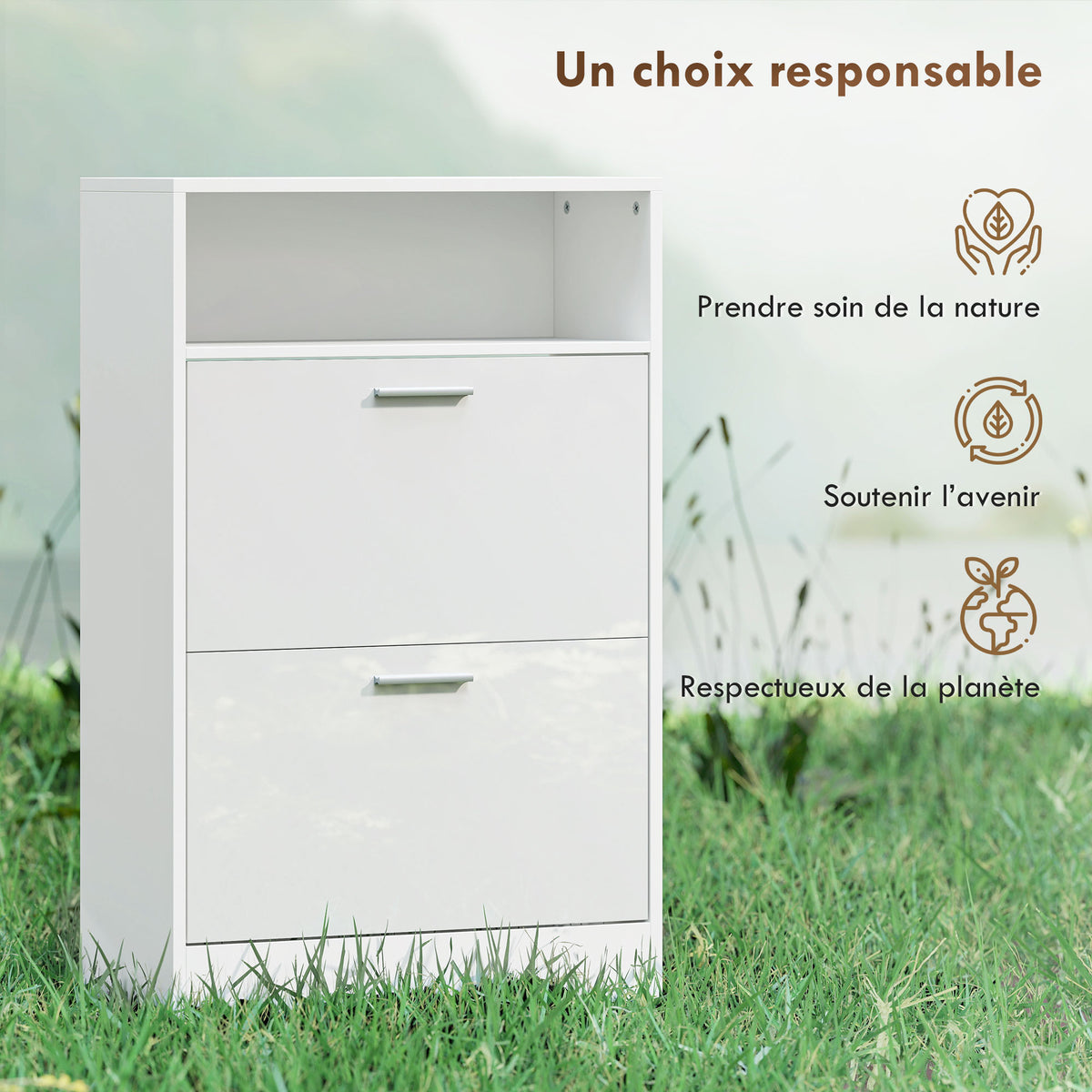 Meuble à chaussures 8 paires, armoire à chaussures, 2 tiroirs rabattables, étagères réglables et compartiment, blanc-7