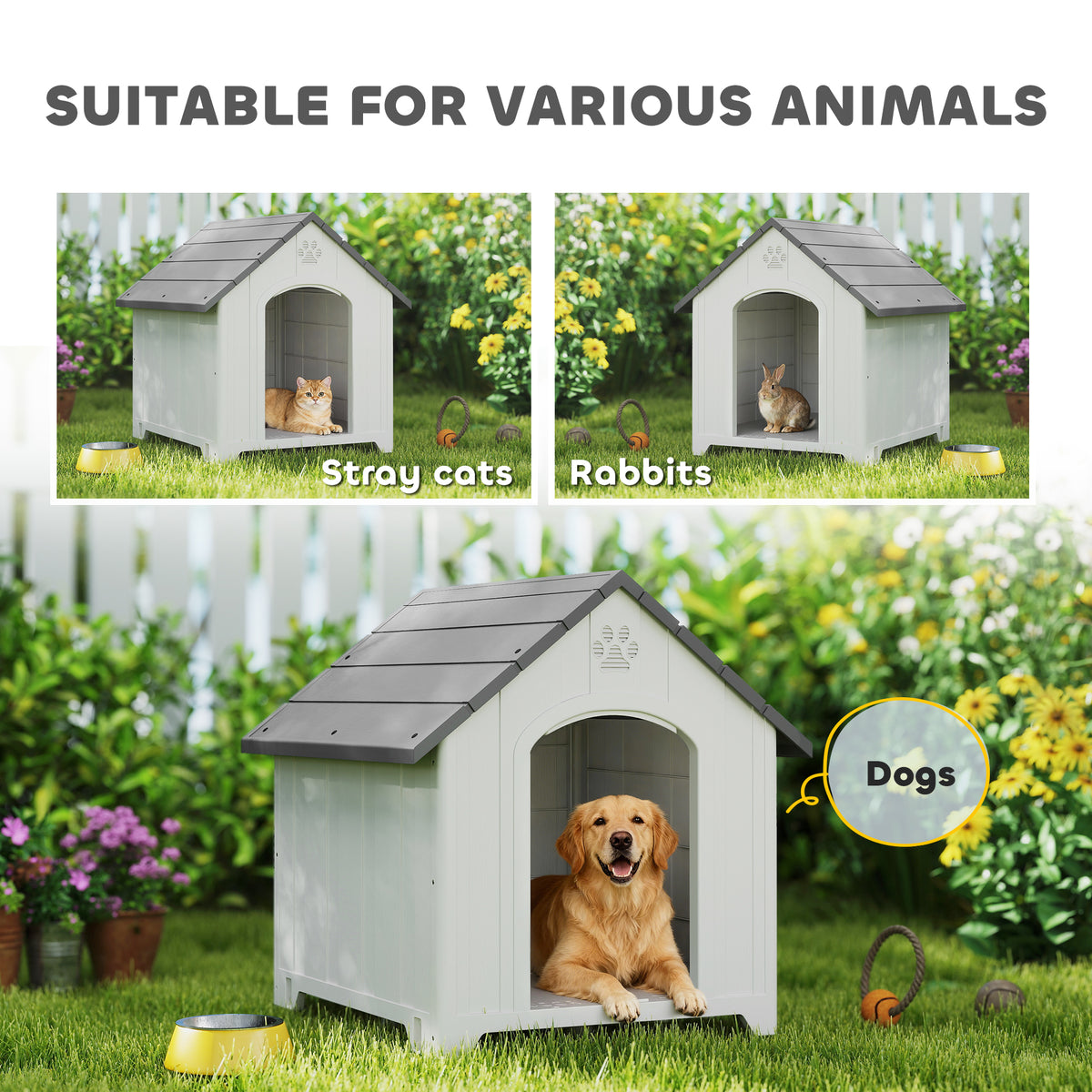 Niche pour chien extérieur, maison chien en polypropylène imperméable, ventilé, plancher surélevé, gris clair-7