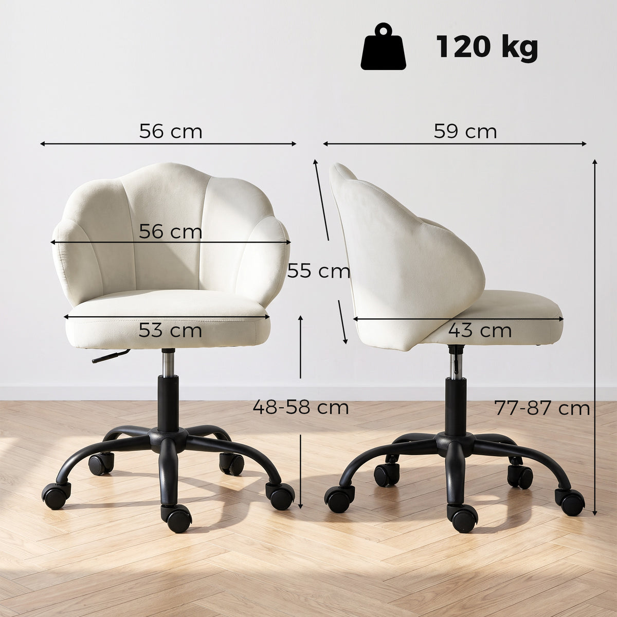 Chaise Bureau en Velours, Chaise Coiffeuse avec Dossier en Pétale, Hauteur Réglable, Fonction Bascule, Crème-2