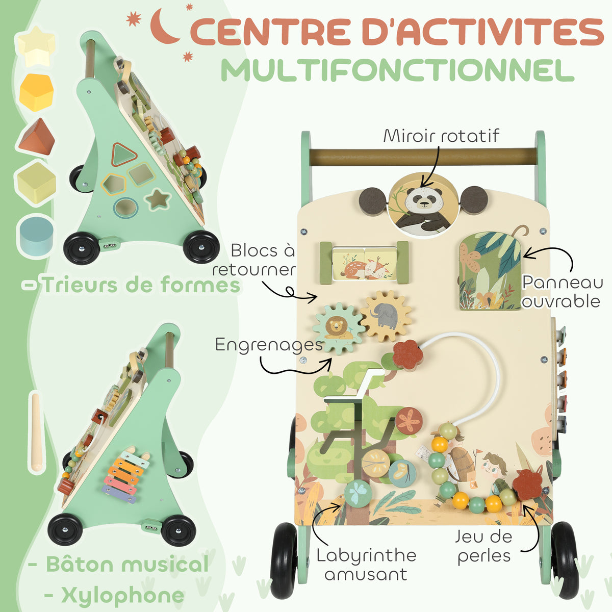 Trotteur en bois pour bébé 18+ mois, chariot de marche, contrôle de vitesse, centre d'activités, 33,5x36x46,8cm, vert-4