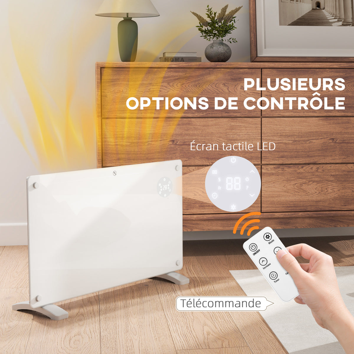 Radiateur électrique au sol ou mural 1500W affichage LED, minuterie 24 heures ou hebdomadaire, thermostat, télécommande-3