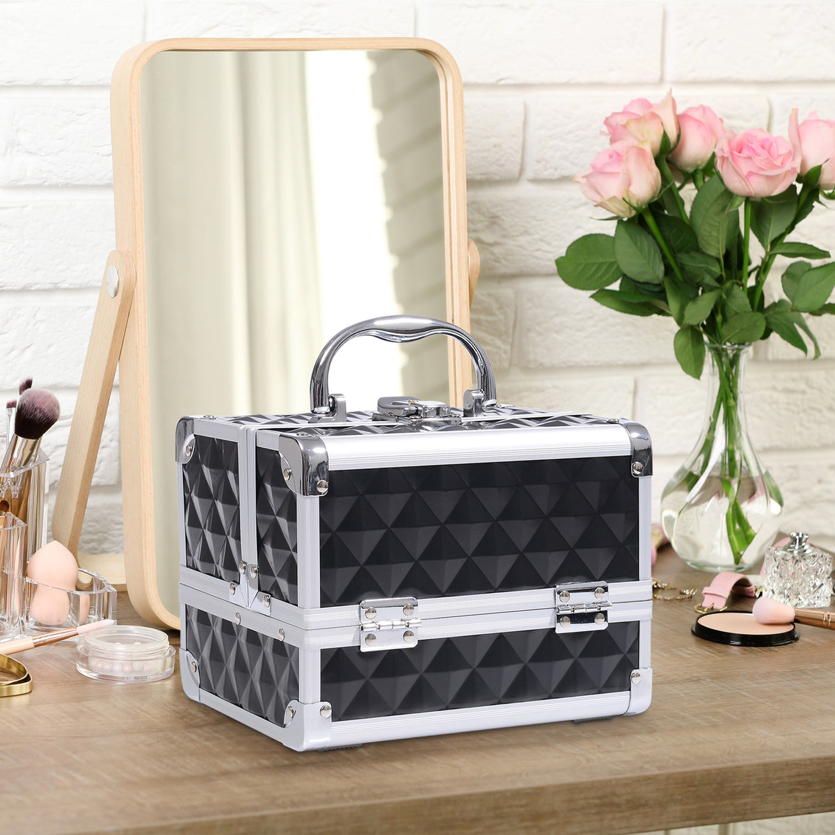 Mallette à maquillage rangement à 3 niveaux avec miroir verrouillage avec 2 clés dim. 20L x 15l x 15H cm noir-1