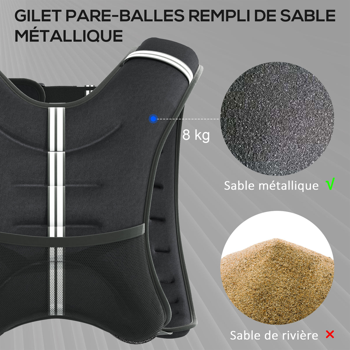 Gilet lesté de 8 kg, veste lestée, pour homme et femme, avec poche de rangement, tissu Oxford, sable métallique, noir-4