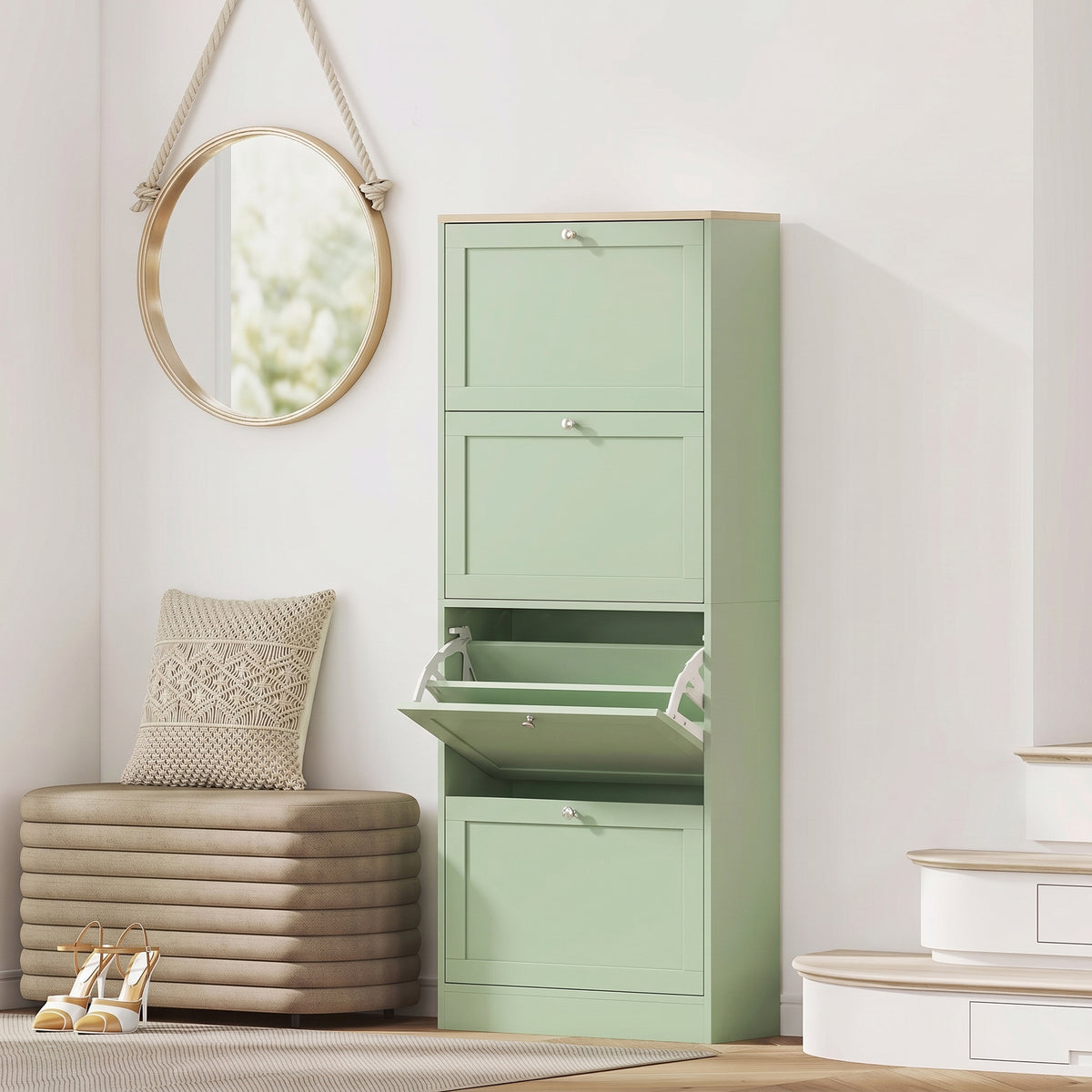 Meuble à chaussures 24 paires, armoire à chaussures avec 4 tiroirs rabattables, étagères réglables, 60x23,5x153cm, vert-1