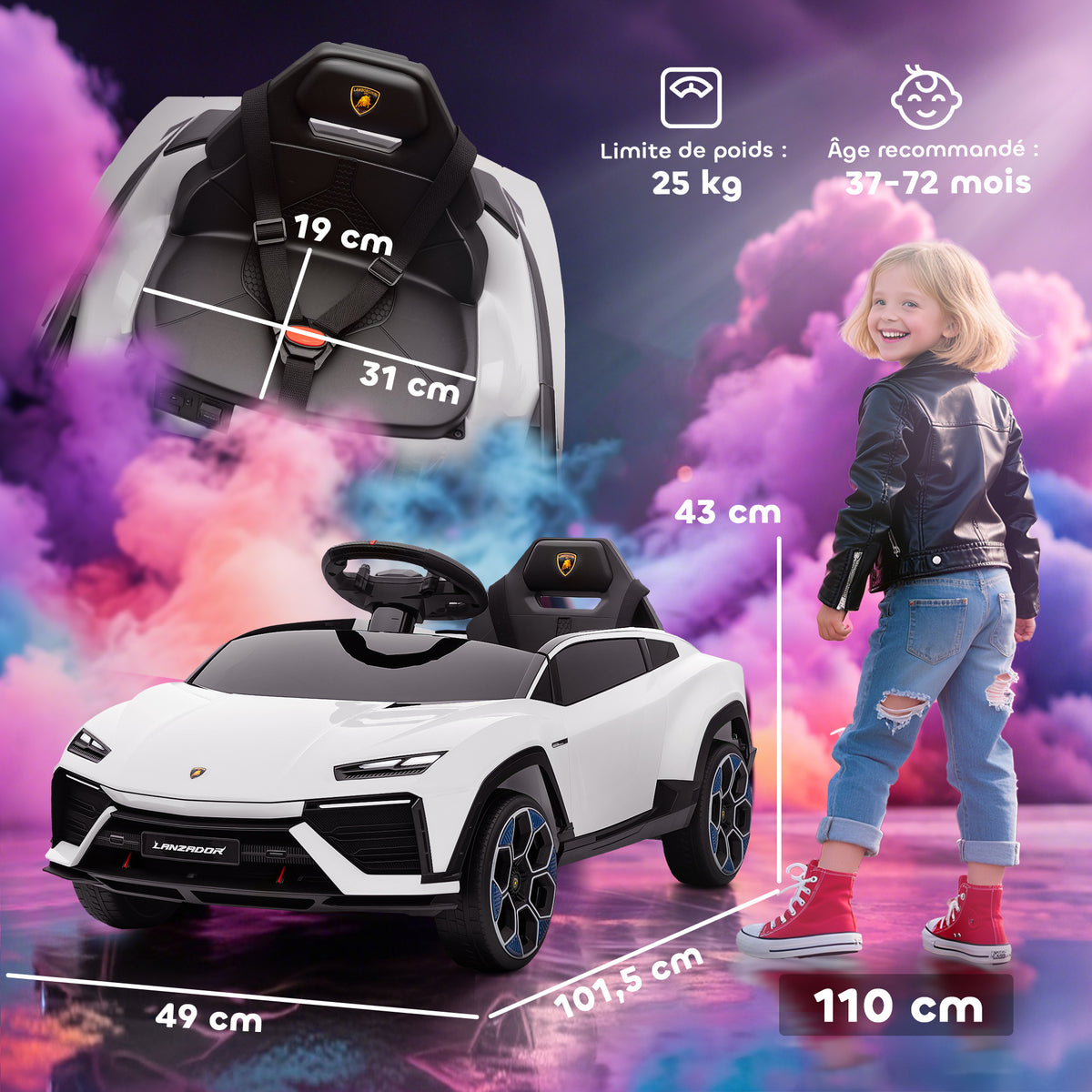 Voiture électrique enfant véhicule électrique Lamborghini 12V télécommande 2,4G et 2 moteurs vitesse max. 4 km/h blanc-2
