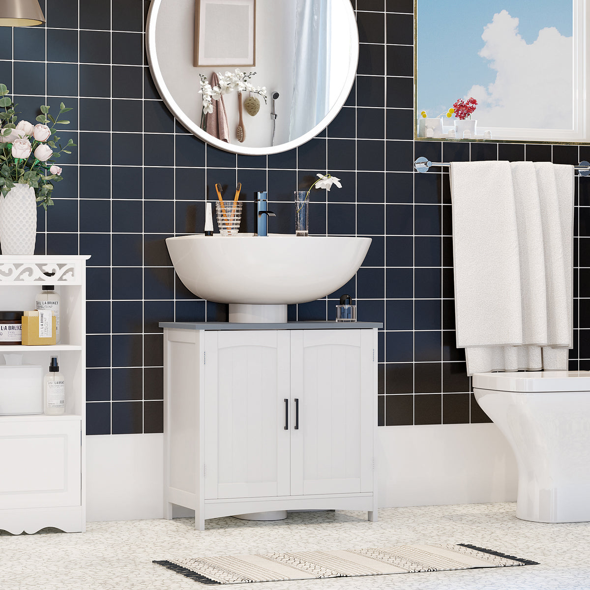 Meuble salle de bain sous lavabo à double portes avec étagères réglables, blanc-9