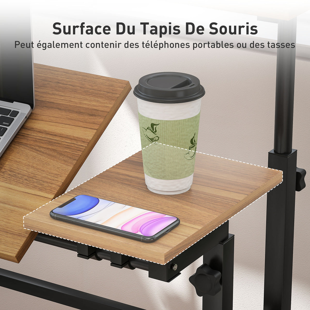 Bureau assis debout bureau réglable en hauteur 70 x 60 cm à roulettes avec plateau inclinable cadre en métal marron-5