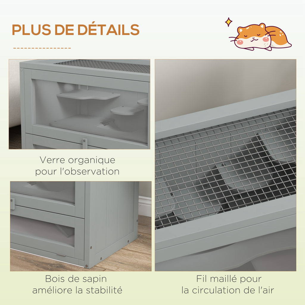 Cage pour hamsters souris petits rongeurs multi-équipements rampe plateformes toit ouvrant grillagé 60 x 35 x 42 cm gris-5