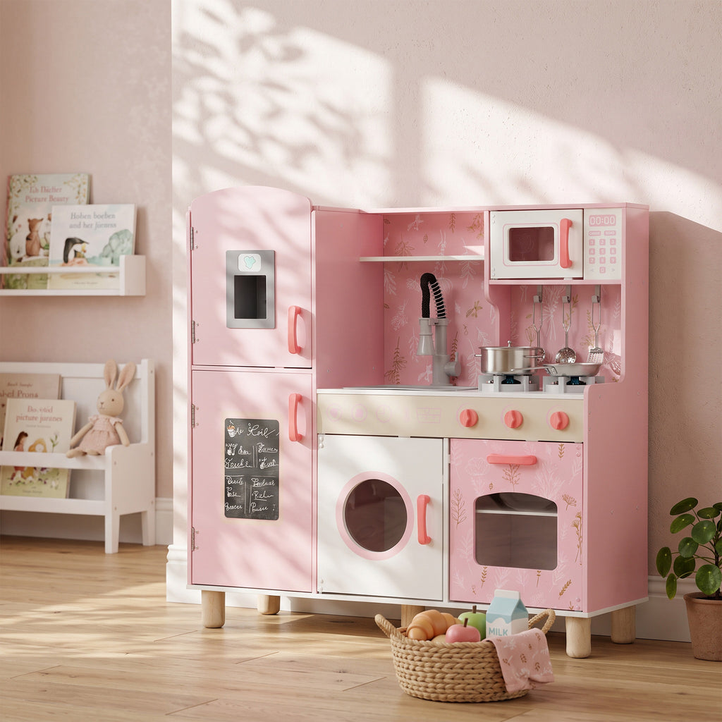Cuisine Enfant avec Glaçons, Micro-ondes, Four, Plaque, Évier, Machine à Laver, Tableau, 90x 33,3x91,6cm, Rose-1