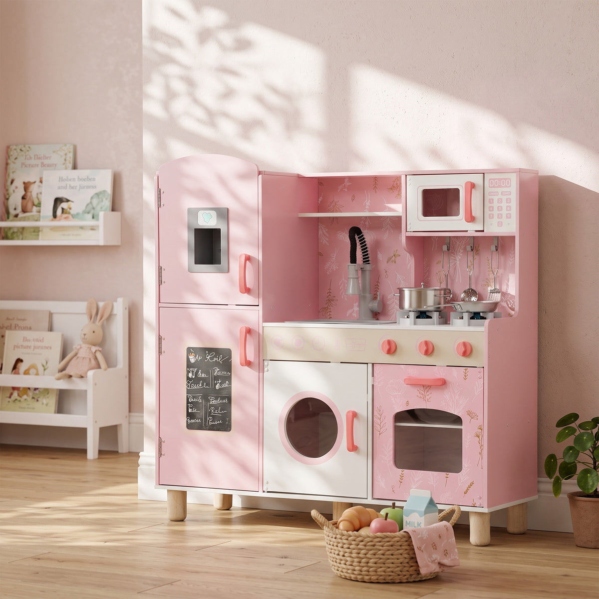 Cuisine Enfant avec Glaçons, Micro-ondes, Four, Plaque, Évier, Machine à Laver, Tableau, 90x 33,3x91,6cm, Rose-1