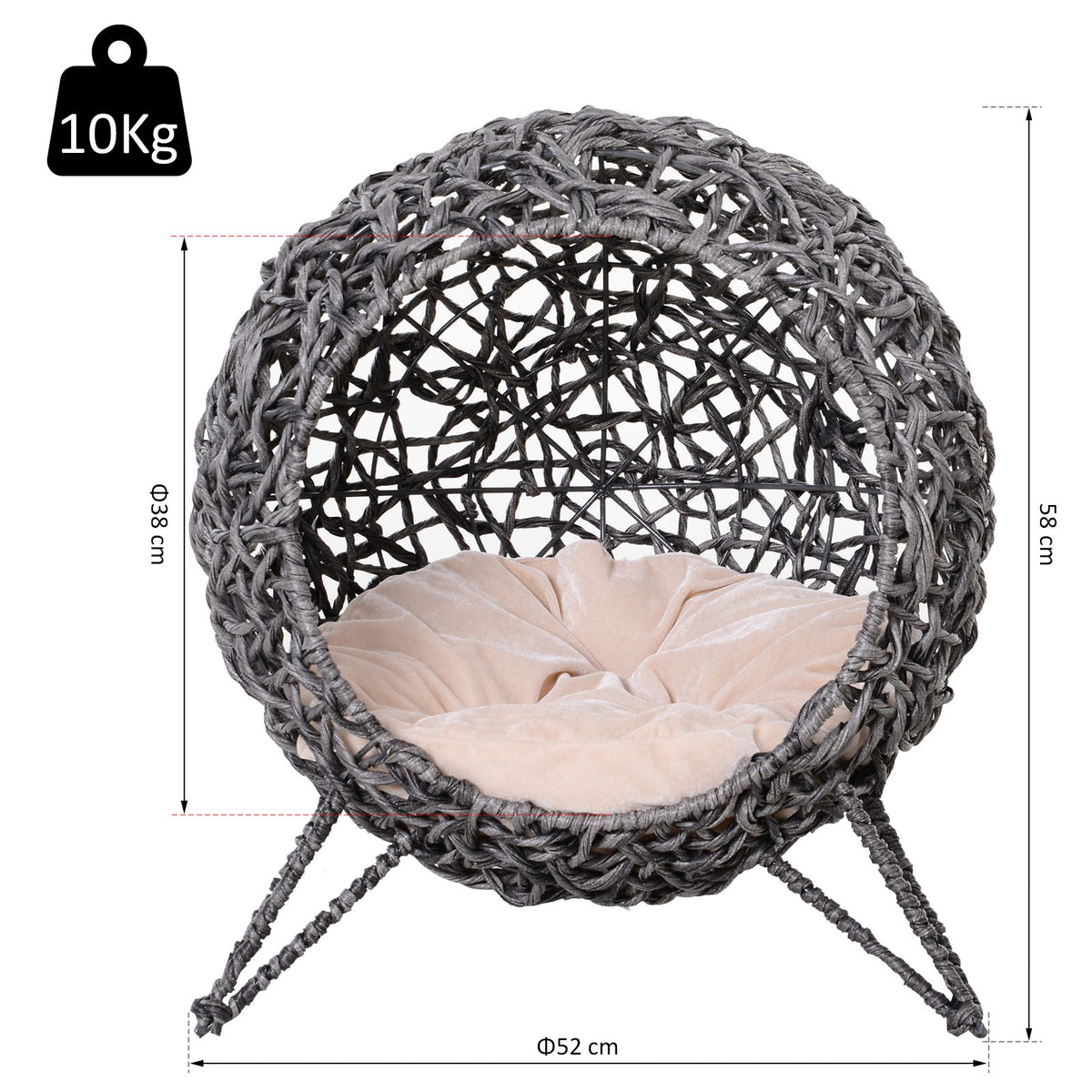 Panier chat lit surélevé chat cosy niche grotte Ø 52 x 58H cm coussin moelleux inclus résine tressée imitation-2