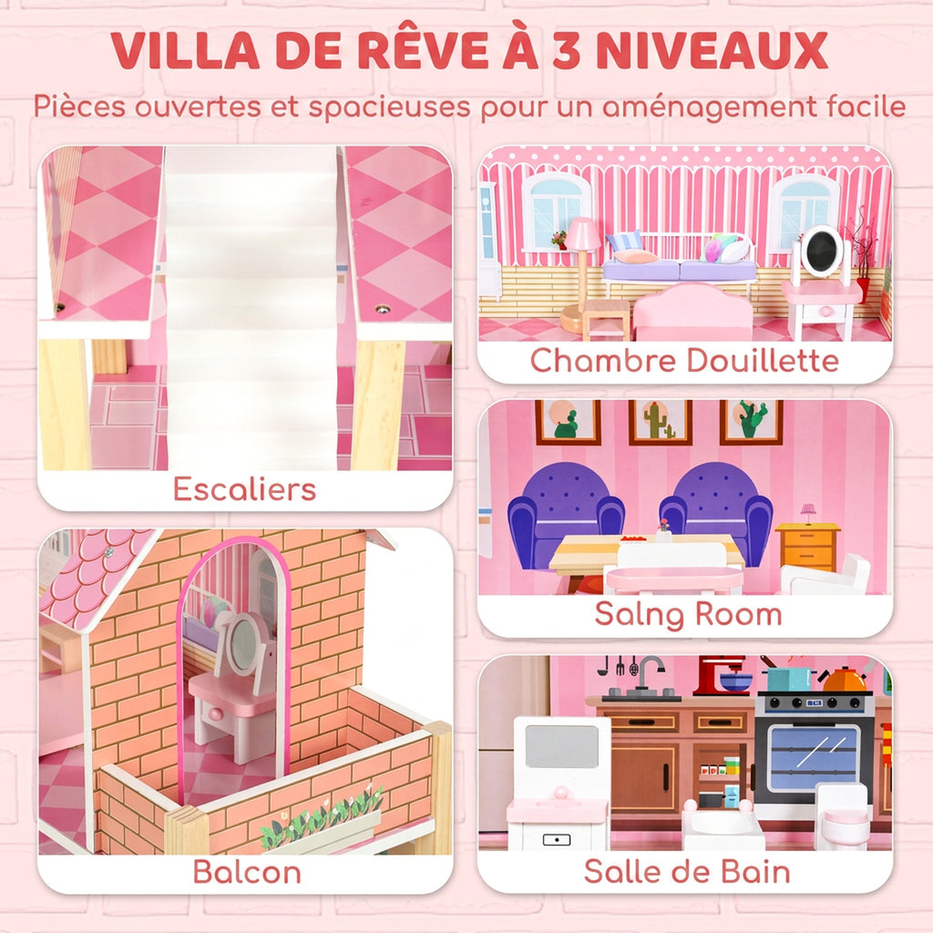 Maison de Poupée en Bois pour Enfants, Maison de Rêve Filles à 3 Étages avec Balcon, Escaliers et 10 Accessoires, Rose-3