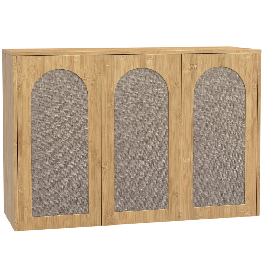 Armoire murale de salle de bain bohème avec 3 portes effet rotin à fermeture douce et étagère réglable, chêne-0