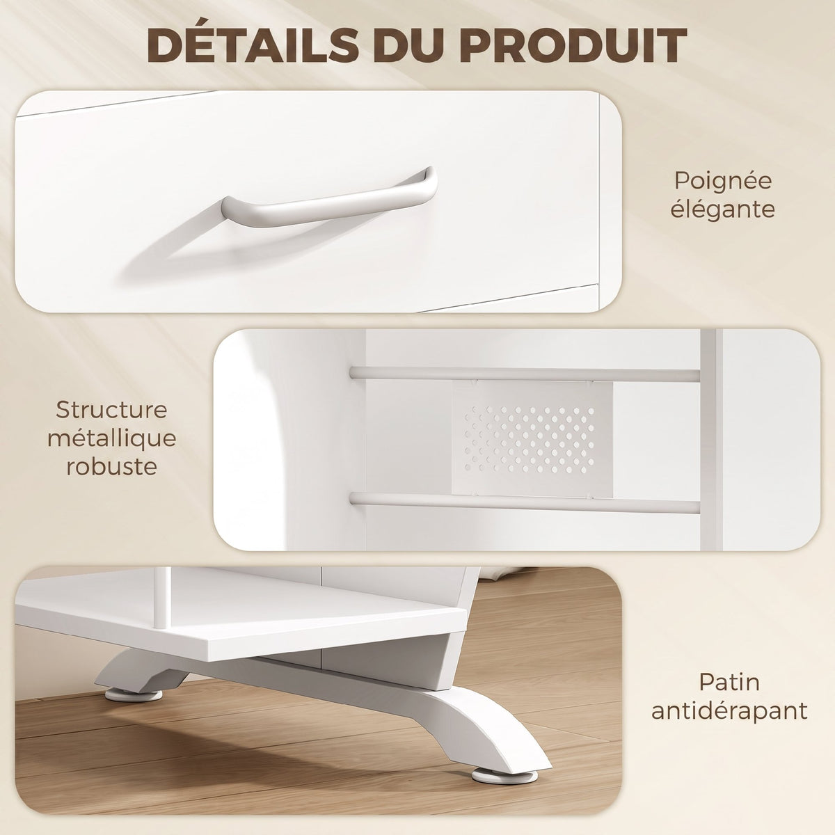 Bureau d'ordinateur, 100 x 52 x 75 cm, tablette coulissante pour clavier, tiroirs et support d'unité centrale, blanc-4
