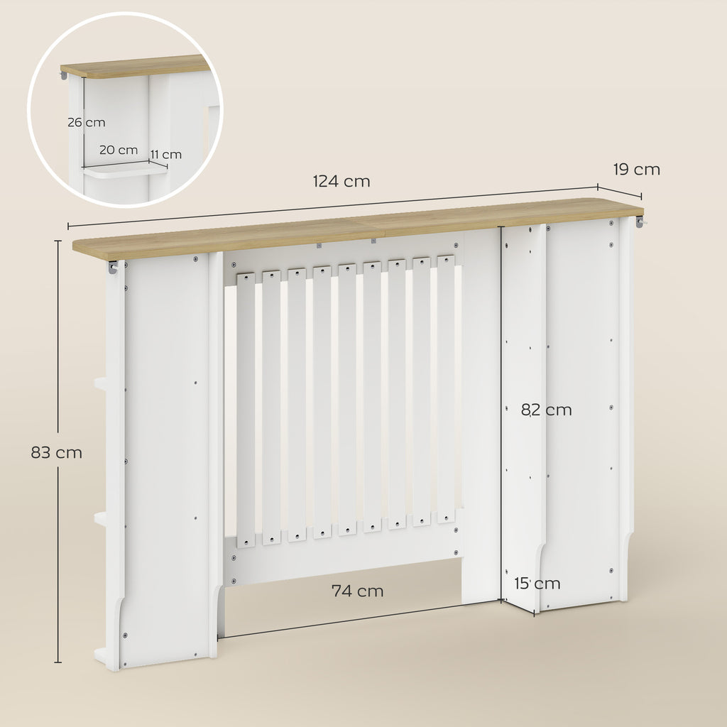 Cache-radiateur avec étagères de rangement ouvertes, couvercle de radiateur en bois à lattes, 124x19x83cm, blanc-2