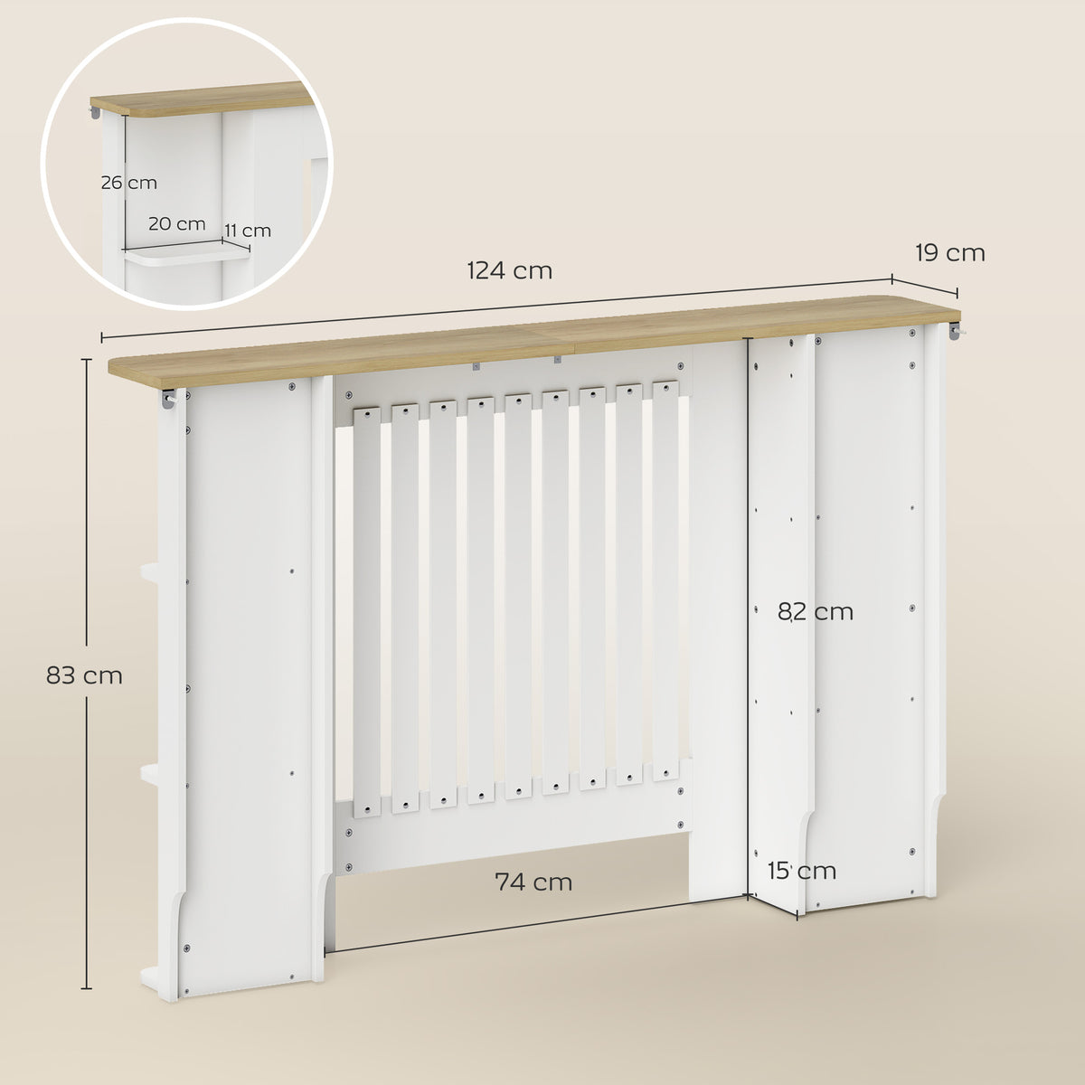 Cache-radiateur avec étagères de rangement ouvertes, couvercle de radiateur en bois à lattes, 124x19x83cm, blanc-2
