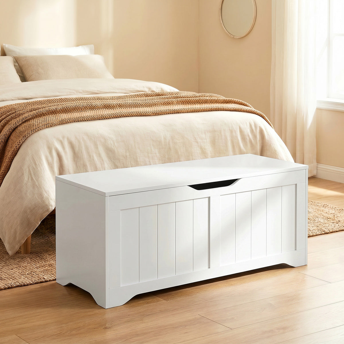 Coffre de Rangement 136 L, Banc Coffre avec 2 Charnières de Sécurité et Design Sans Poignée, 100 x 40 x 45 cm, Blanc-1