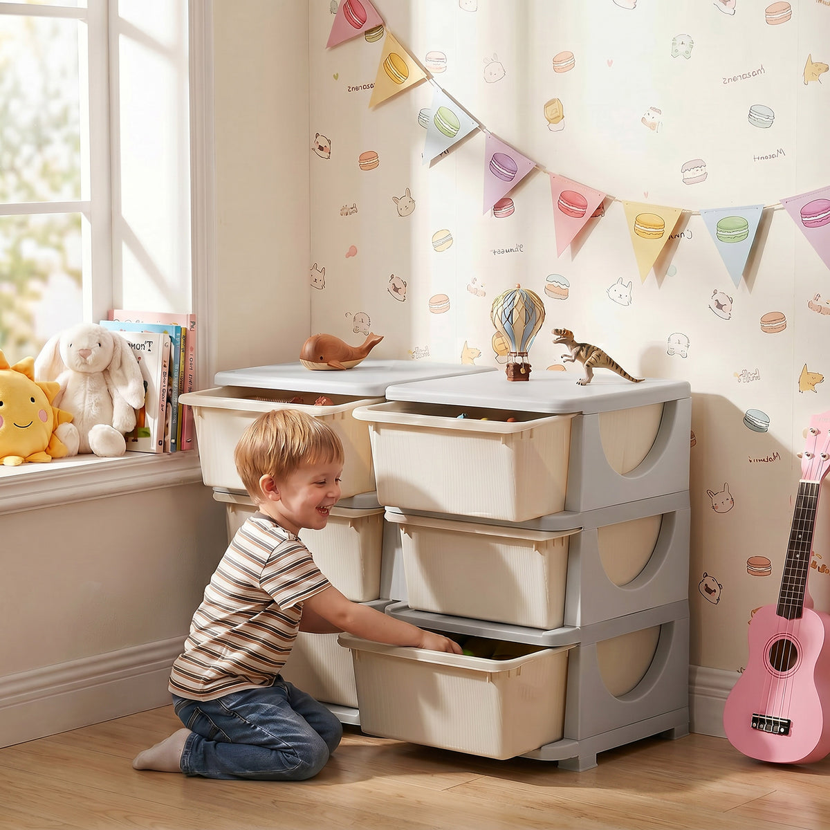 Organisateur de jouets pour enfants à 3 niveaux avec 6 tiroirs, boîtes de rangement en plastique, 75x37x56,5cm, crème-1