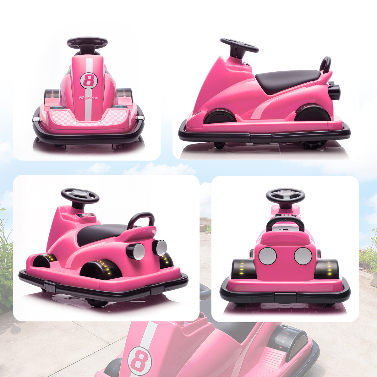 Auto-Tamponneuse Enfant 6V, Rotation à 360°, Musique, Klaxon, Démarrage Doux, 2,5 km/h, pour Âges 3-8, 74x53x48cm, Rose-8
