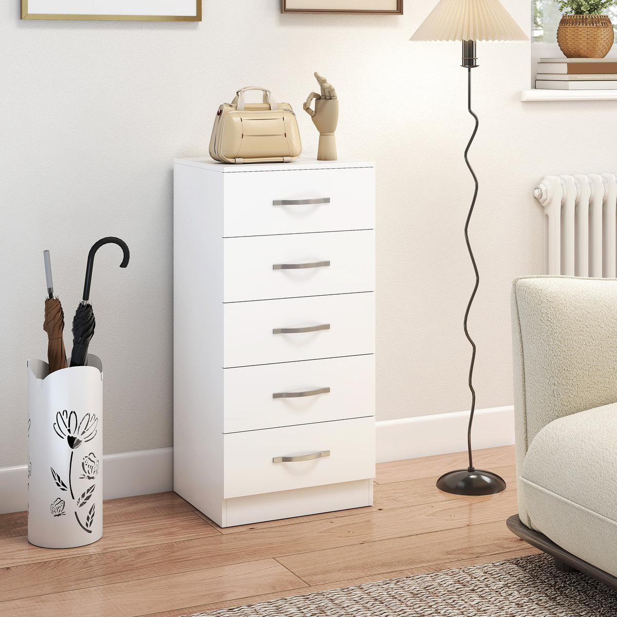 Commode 5 tiroirs, meuble de rangement étroit, style moderne, pour chambre à coucher, salon, couloir, 40x35x85cm, blanc-9
