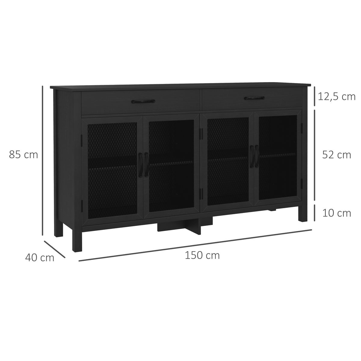 Buffet bas meuble de rangement 4 portes avec étagères réglables et 2 tiroirs style industriel 150 x 40 x 85 cm noir-2