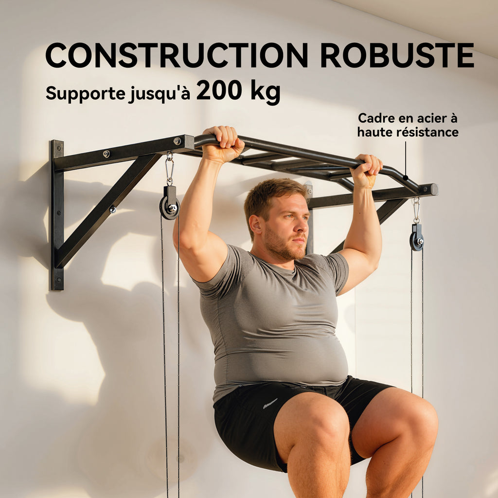 Barre de traction murale barre de fitness multi-prise système de poulie à câble charge 200kg, acier 126x60x45,5cm, noir-5