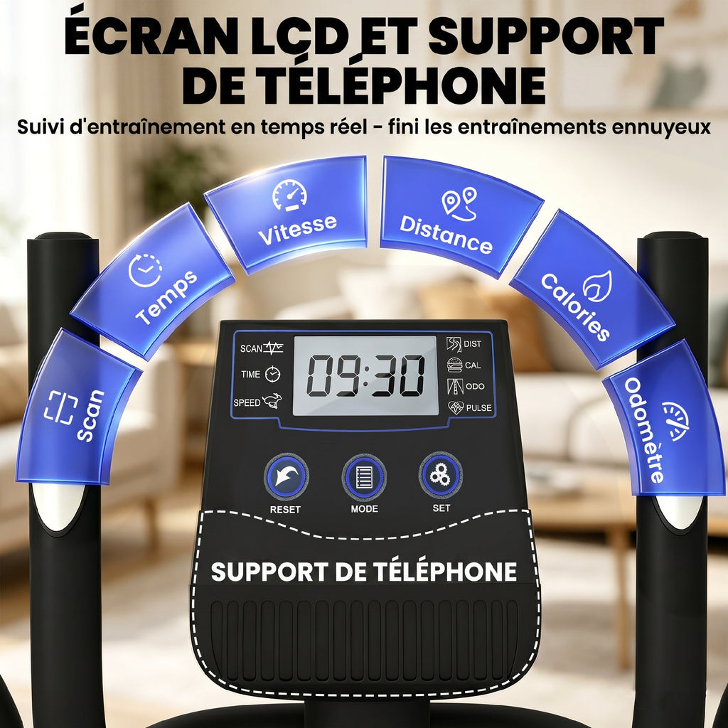 Vélo Elliptique, Écran LCD, Résistance 8 Niveaux, Capteur Pouls, Bluetooth, Support pour Téléphone, 100x52x153cm, Gris-5