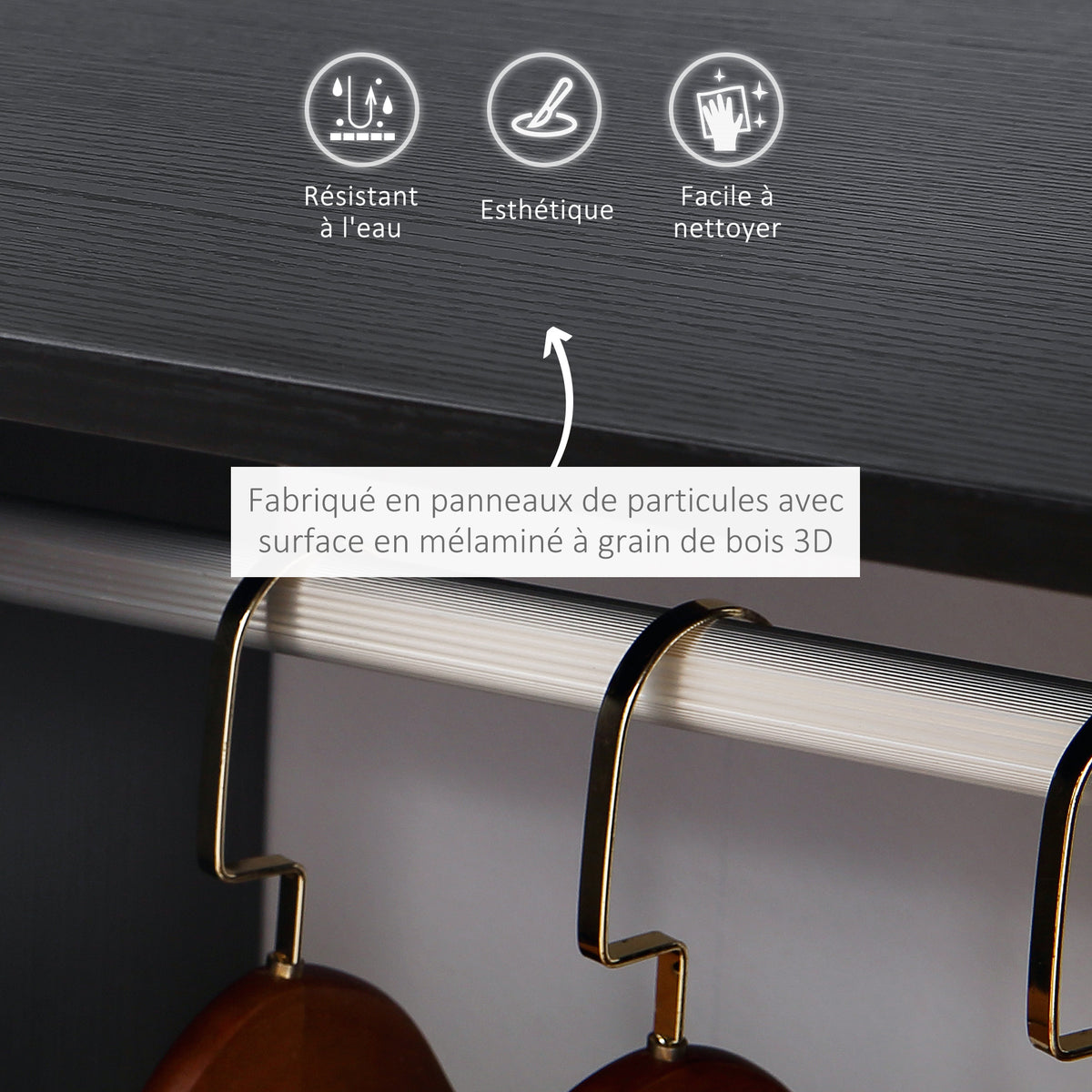Armoire penderie étagère 2 niches 4 roulettes pivotantes dim. 60L x 40l x 128H cm Noir-3