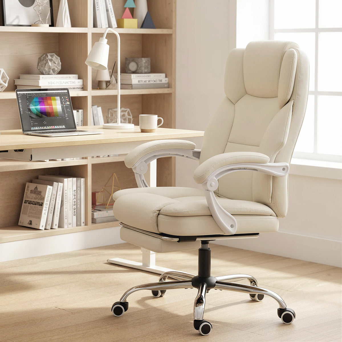Chaise bureau ergonomique, fauteuil de bureau avec dossier inclinable, hauteur réglable, 64x73x112-120cm, beige-1