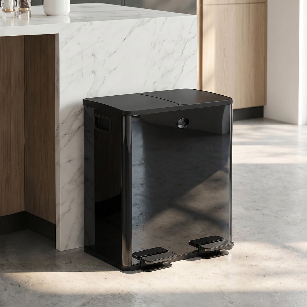 Poubelle de cuisine 2 compartiments de 2 x 20L, acier inoxydable, couvercle à fermeture douce, 45,8x36x51,6cm, noir-1
