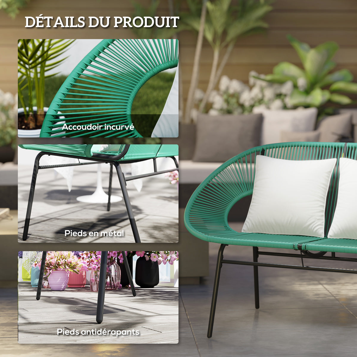Banquette banc de jardin 2 places en acier et cordage en résine avec 2 coussins - dim. 132L x 72l x 83H cm - vert foncé-5