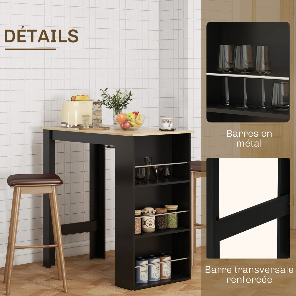 Table de bar table haute de cuisine mange-debout comptoir - dim. 112L x 57l x 106H cm - 3 étagères - noir-4