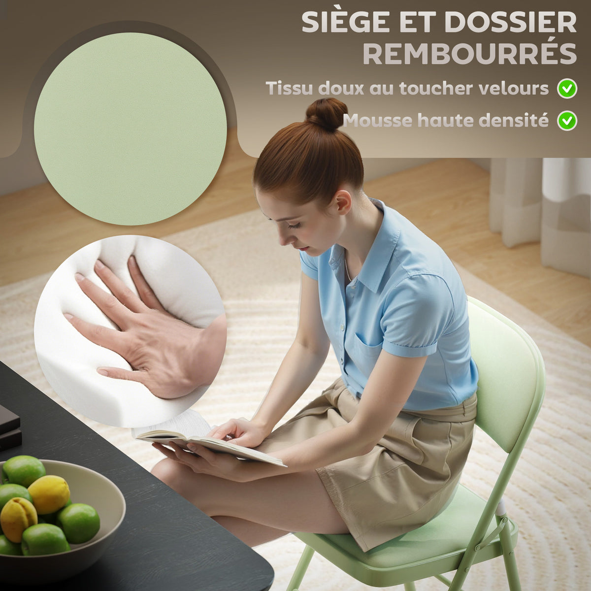 Lot de 4 chaises pliantes et portables intérieur avec assises et dossiers rembourrés en velours, cadre en acier, vert-4